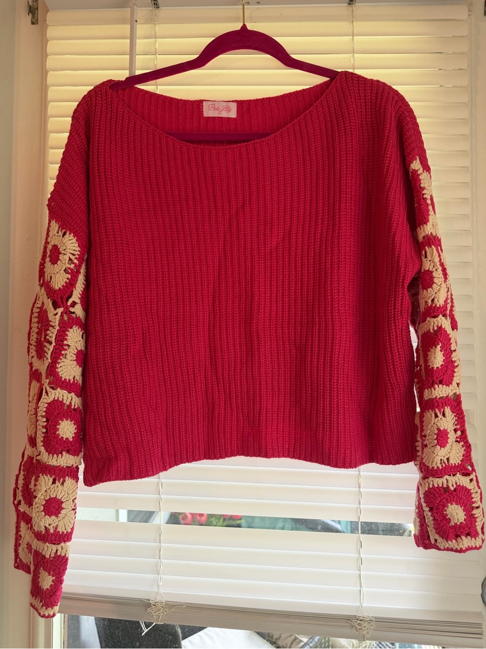 Pink Lily Fuchsia Crewneck Sweater with Cream Crochet Sleeves